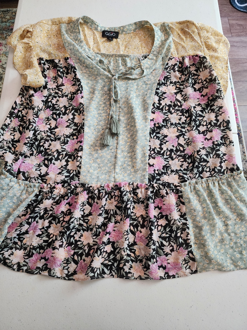 GGO Mixed Floral Patchwork Peasant Top in Black, Pink & Sage